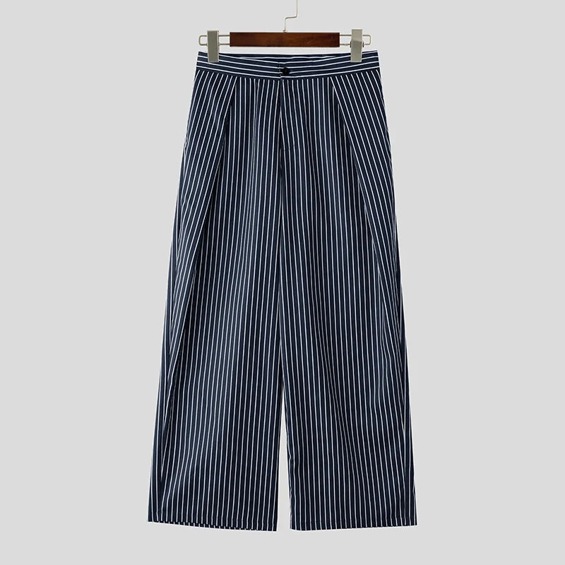 INCERUN Men Striped Pants Button Joggers Loose Casual Wide Leg Trousers Men Streetwear 2025 Fashion Leisure Long Pants S-5XL