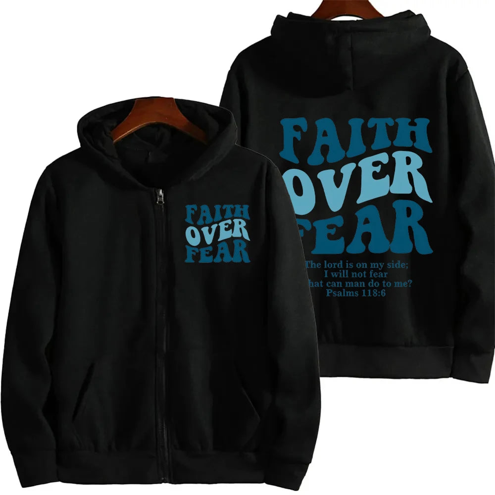 Faith Over Fear Christian Women Zip Hoodie Christian Sweatshirt Jesus Hoodie Trendy Hoodie Bible Verse Aesthetic Zip Jacket Coat