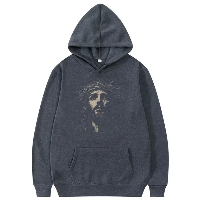 Jesus Vintage Face Graphic Hoodie Christian Religious Sweatshirt Men Women Gothic Rock Oversized Pullover Aesthetic Streetwear