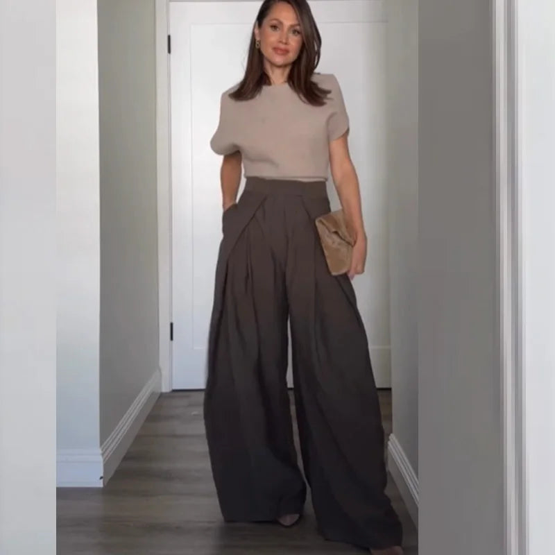 HXAO Women's Pants Baggy Wide Pants For Woman Minimalist Pleated Stripe Casual Pants Women Office Green Oversize Suit Trousers