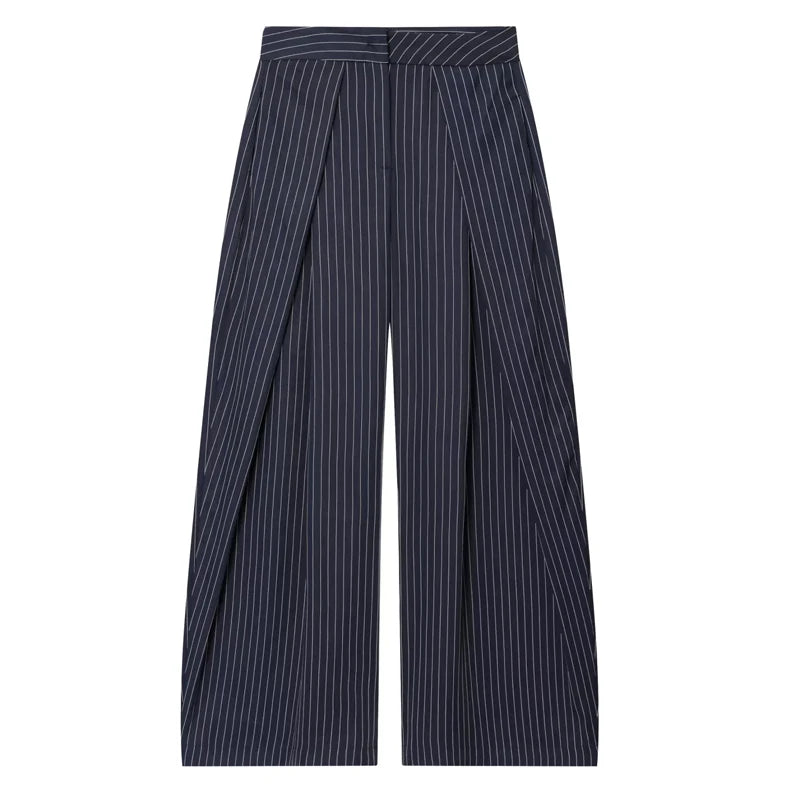 HXAO Women's Pants Baggy Wide Pants For Woman Minimalist Pleated Stripe Casual Pants Women Office Green Oversize Suit Trousers