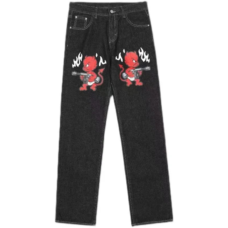 Y2k Retro Gothic Streetwear Raw Edge Embroidery Patchwork Baggy Jeans Men Fashion Hip Hop High Waist Denim Pants Ripped Jeans