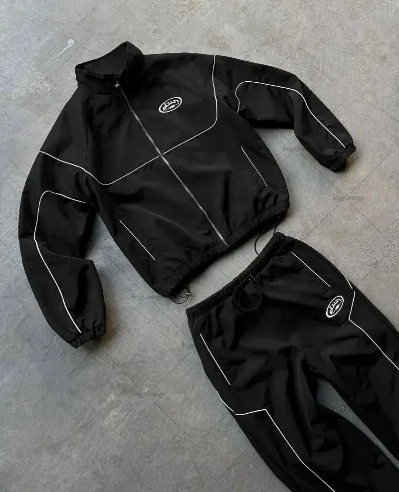 Streetwear Top fashion high street brand striped men set Y2K American new gothic Harajuku casual hoodie trend loose sweatshirt