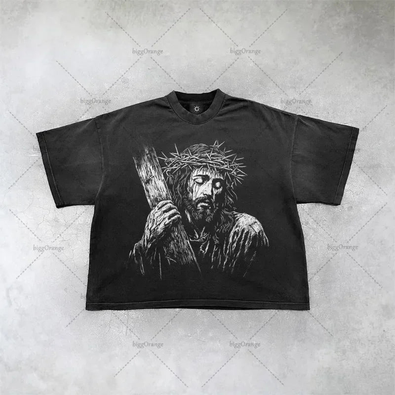 New Gothic  Streetwear Harajuku Retro Graphic Top Y2K Punk Anime Print Oversized T-Shirt Men Fashion Cotton Casual Short Sleeve