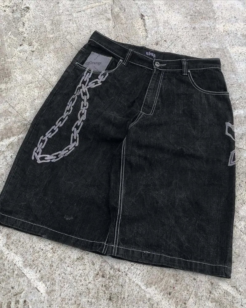 Street Hip-hop Personalized Pattern Fashionable Versatile Jeans Men American Harajuku Retro Casual Loose Straight Shorts Women