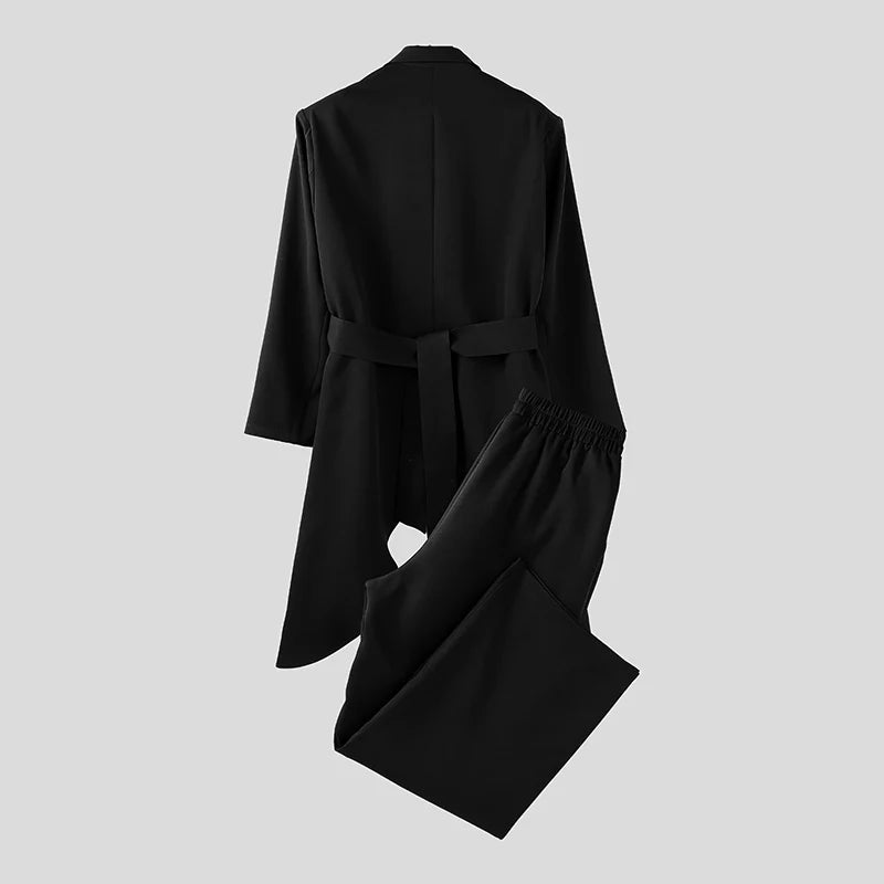 INCERUN Men Sets Solid Color Lace Up Long Sleeve Long Style Blazer & Pants Two Pieces Sets Streetwear Loose Casual Men's Suits