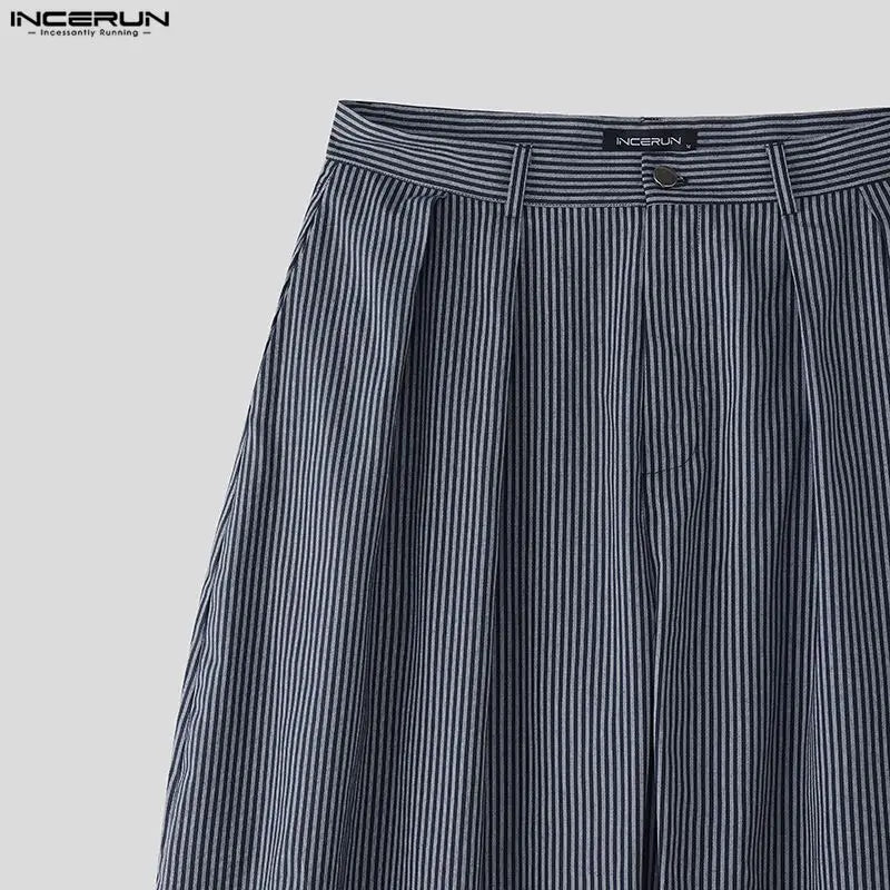 INCERUN Men Striped Pants Joggers Button Oversize Pleated Casual Wide Leg Trousers Men Streetwear Fashion Leisure Male Pants