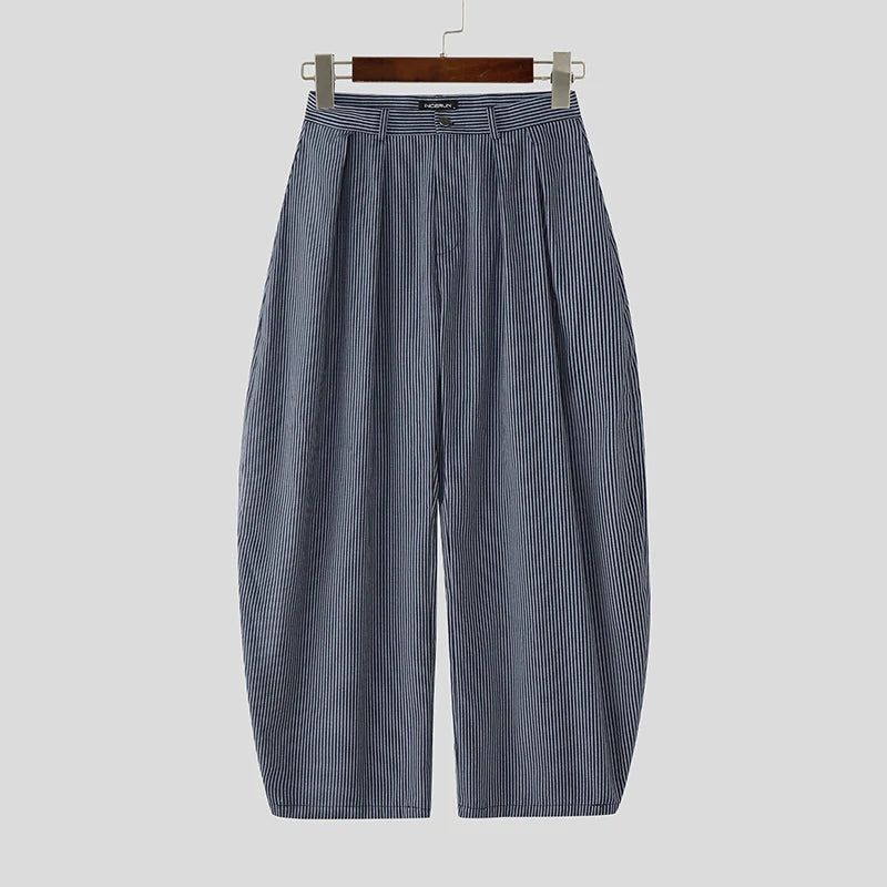 INCERUN Men Striped Pants Joggers Button Oversize Pleated Casual Wide Leg Trousers Men Streetwear Fashion Leisure Male Pants