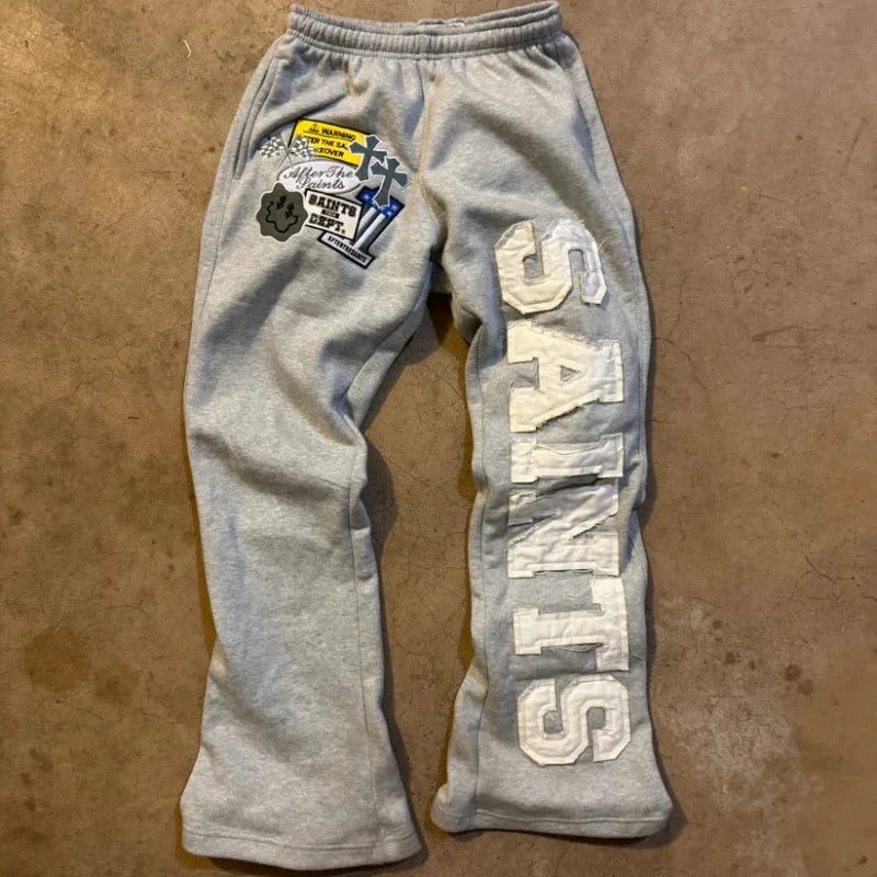 Summer Hot Distressed Vertical Letter Print Wide Leg Pants Unisex Thick Drawstring Y2K Vintage Hip Hop Streetwear Trousers