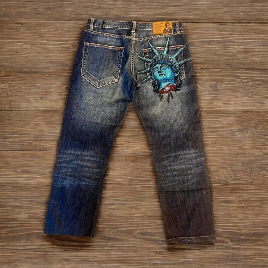 2000s Gothic Vintage Buddha Embroidery Jeans Mens Womens Y2k Streetwear Hip Hop Pocket Baggy Jeans Low Waist Wide Leg Trousers