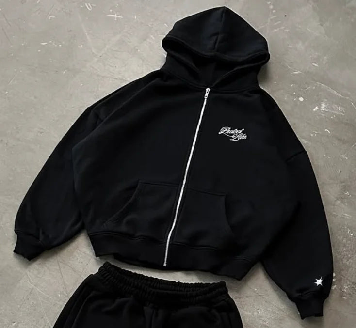 Pure Black Letter Print Hoodie Men Autumn and Winter Long-sleeved Harajuku Style Casual Hip-hop Element Hooded Sweatshirt