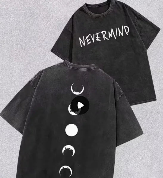 A Double-sided "NEVERMIND Lunar Phase Changes" Retro-style Printed Vintage Washed Distressed Crew Neck T-shirt