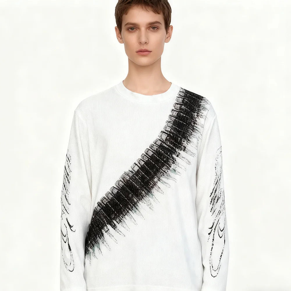 Street loose print pullover waffle long sleeved T-shirt men's American casual round neck top