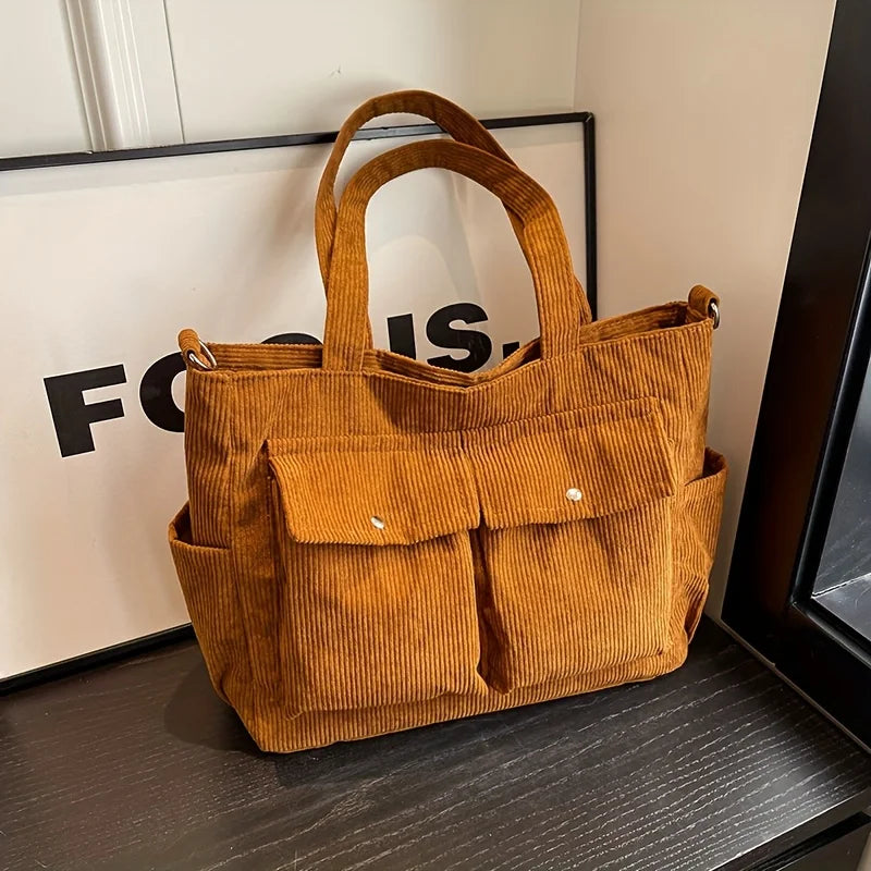 Large Capacity Corduroy Tote Bag for Women Versatile Shoulder Bag with Multiple Pockets Commuter Bag