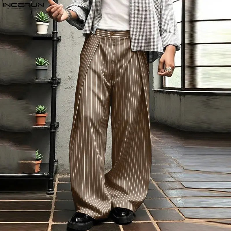 INCERUN Men Striped Pants Button Joggers Loose Casual Wide Leg Trousers Men Streetwear 2025 Fashion Leisure Long Pants S-5XL