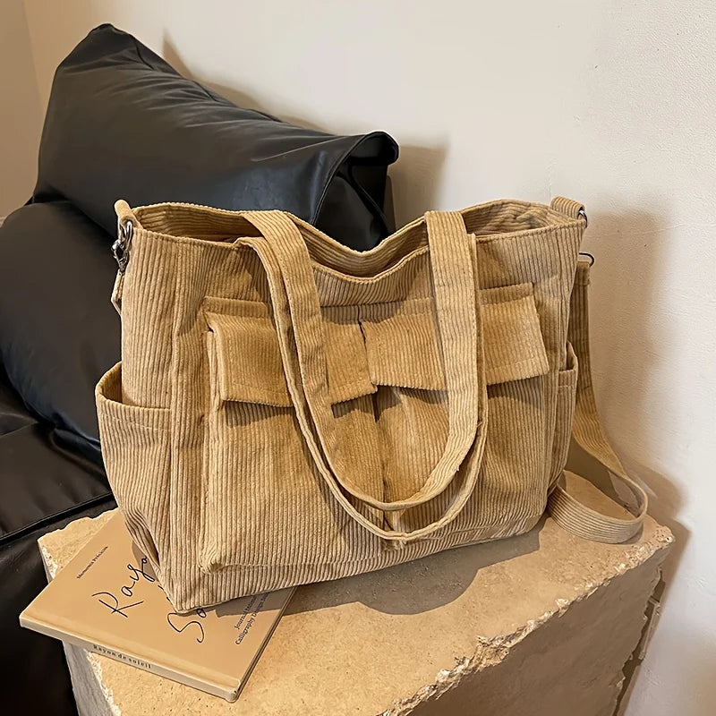 Large Capacity Corduroy Tote Bag for Women Versatile Shoulder Bag with Multiple Pockets Commuter Bag