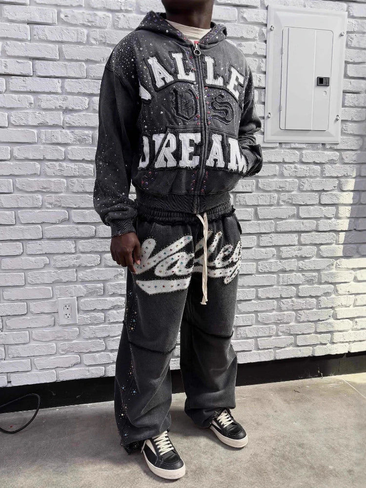Hot Stamping Retro Dark Design Sense, Embroidered Fabric Hoodie, Trendy Loose Casual Pants, Unisex Hoodie Set