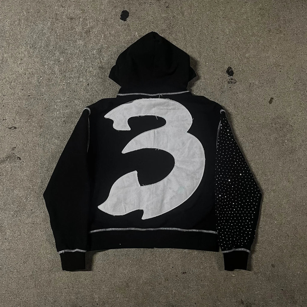 American Fashion Embroidery Personality Flash Diamond Oversize Zipper Hoodie Men Y2K New Harajuku Gothic Casual Joker Sweatshirt
