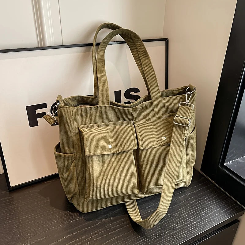 Large Capacity Corduroy Tote Bag for Women Versatile Shoulder Bag with Multiple Pockets Commuter Bag