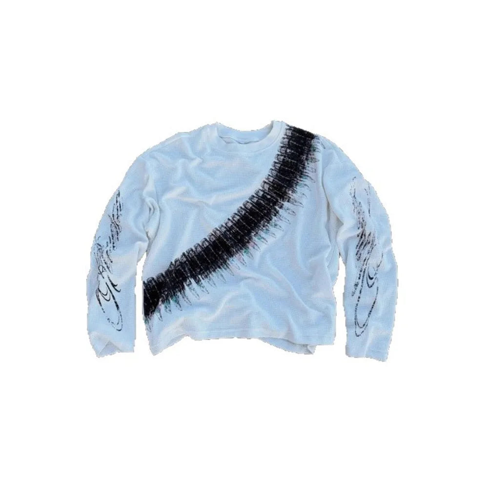 Street loose print pullover waffle long sleeved T-shirt men's American casual round neck top