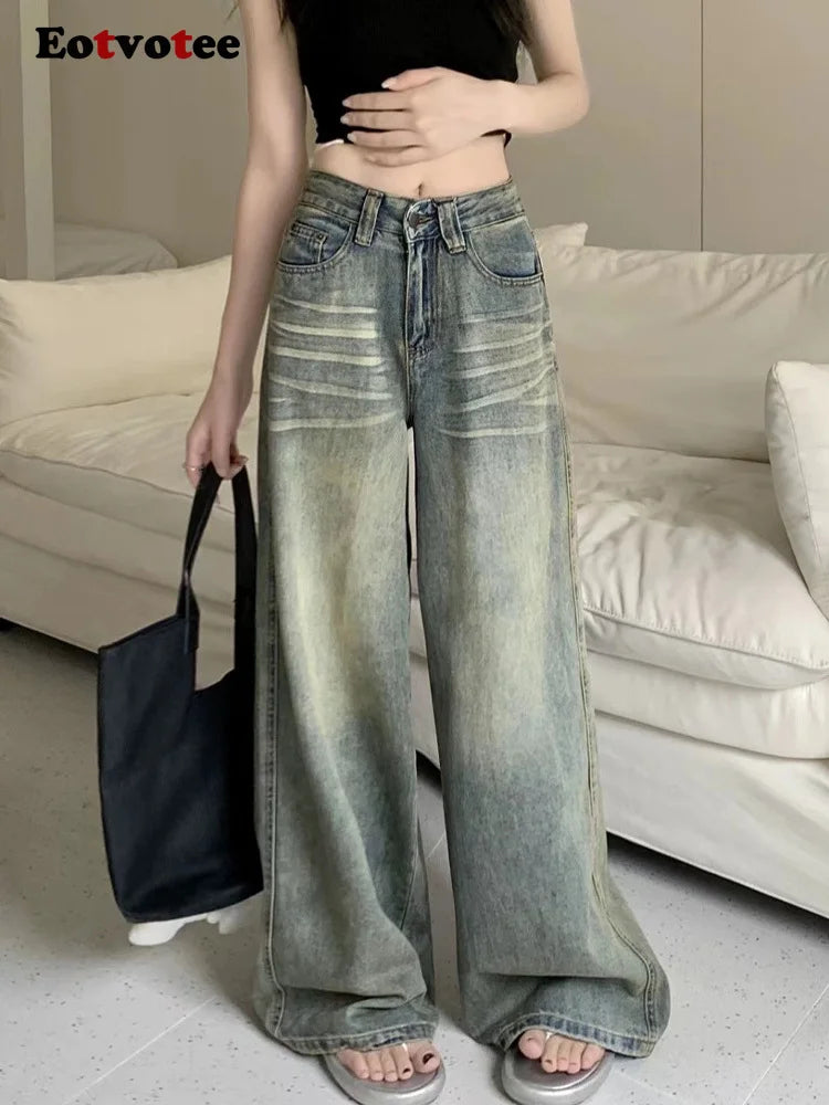 American Style Vintage Blue Wide Leg Jeans Women Y2K Fashion High Waist Baggy Washed Straight Pants 2025 New Casual Loose Jeans