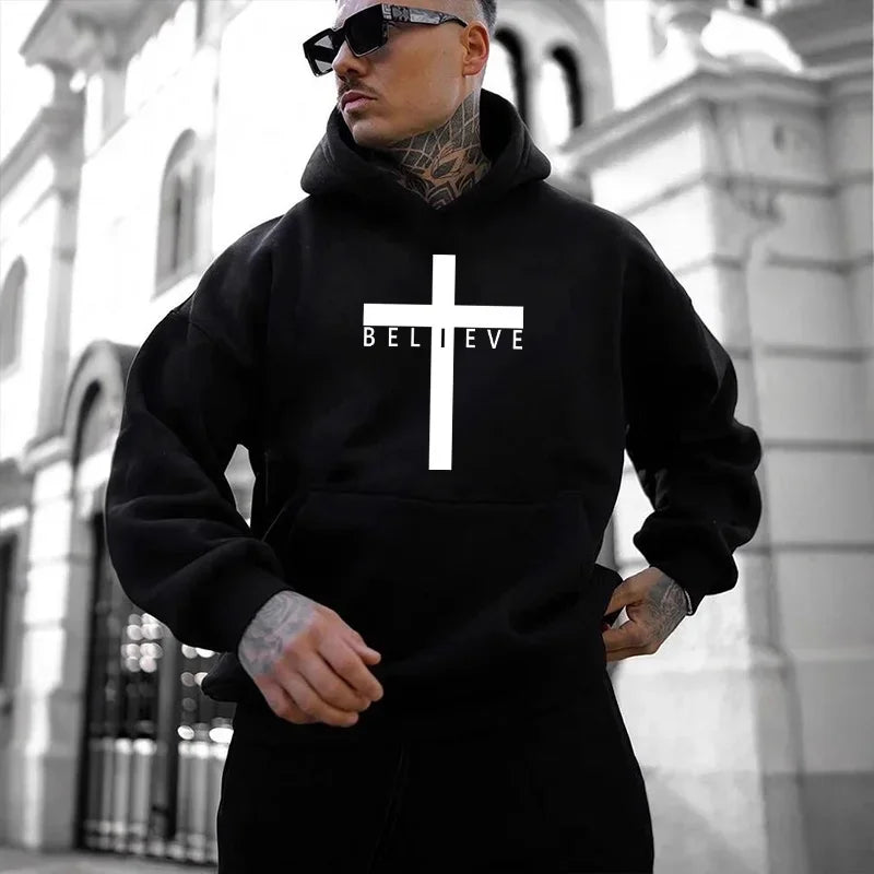Jesus Cross Printed Men Hoodies Urban Casual Streetwear Fashion Hooded Sweatshirt Male Trendy 2025 Autumn Winter Hoody Outerwear