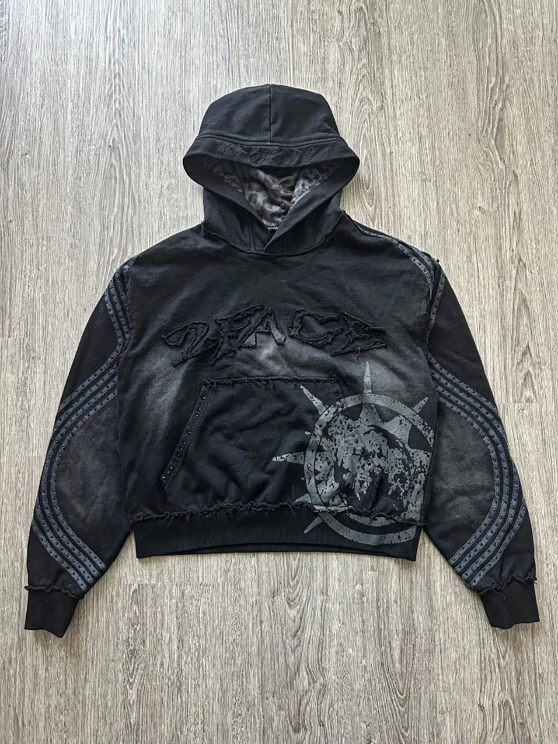 Washed Embroidered Striped Splicing Men Suit American Retro Double Waist Couple Wide Leg Pants Casual High Street Fashion Hoodie