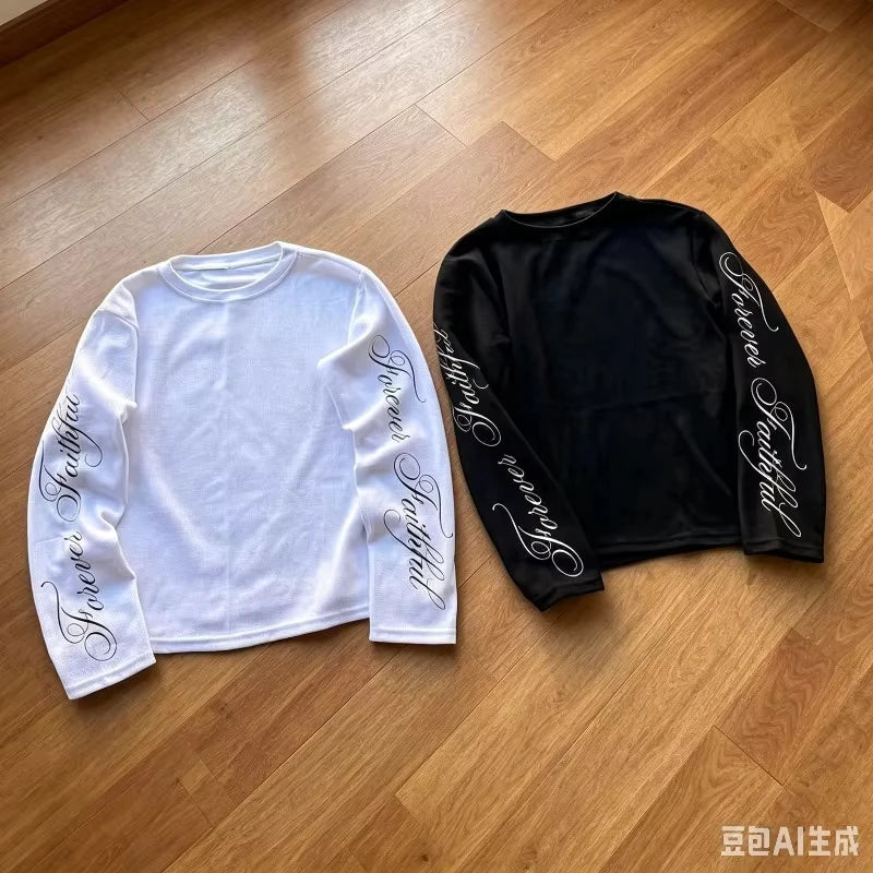 Spring American Retro Y2K Long Sleeve Adults/Kids T-Shirt Casual Round Neck Lightweight Breathable Top Letter Print Streetwear