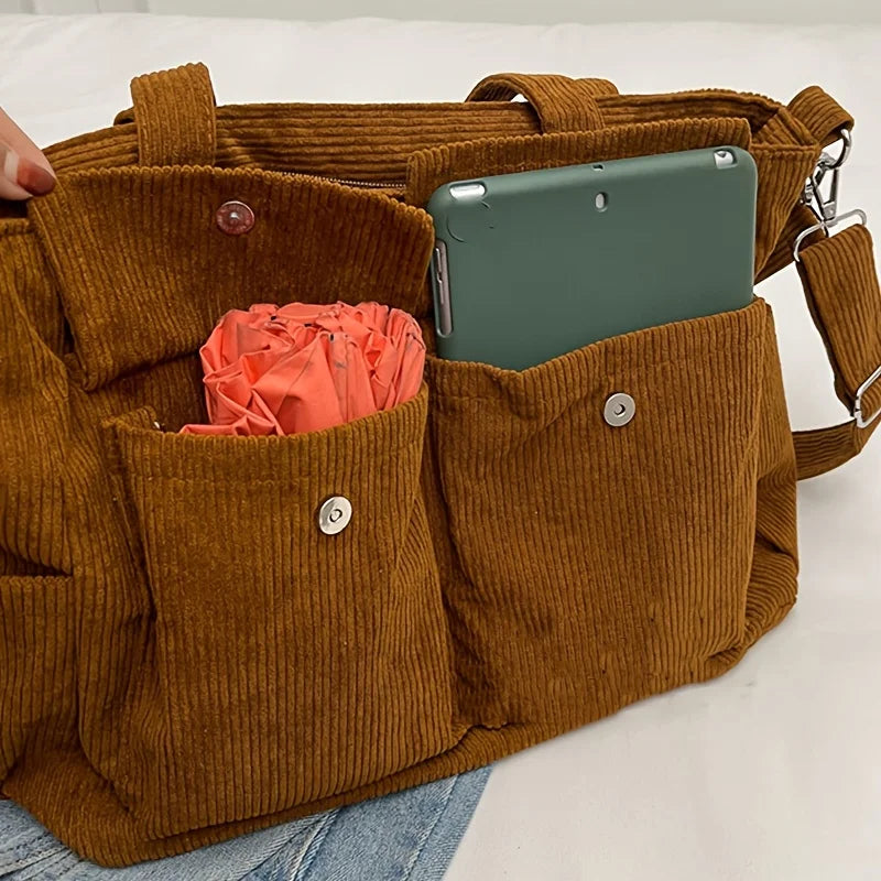 Large Capacity Corduroy Tote Bag for Women Versatile Shoulder Bag with Multiple Pockets Commuter Bag