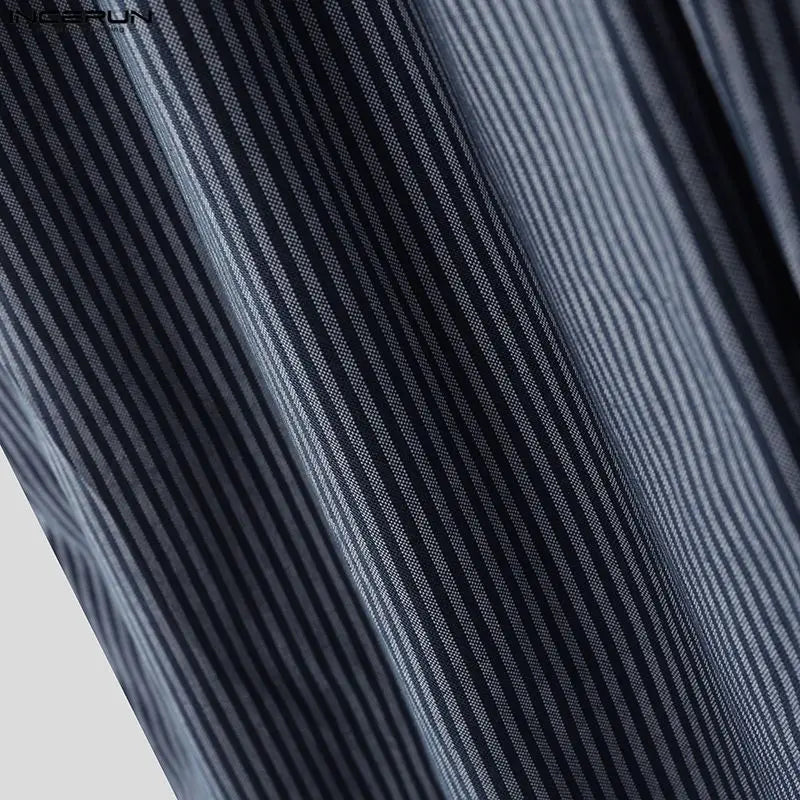 INCERUN Men Striped Pants Joggers Button Oversize Pleated Casual Wide Leg Trousers Men Streetwear Fashion Leisure Male Pants