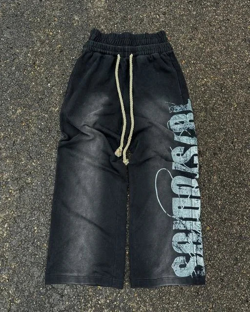 Summer Hot Distressed Vertical Letter Print Wide Leg Pants Unisex Thick Drawstring Y2K Vintage Hip Hop Streetwear Trousers