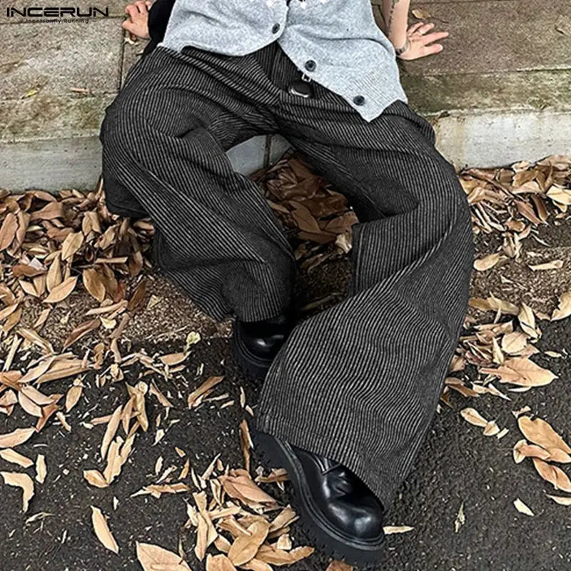 INCERUN Men Striped Pants Joggers Button Oversize Pleated Casual Wide Leg Trousers Men Streetwear Fashion Leisure Male Pants