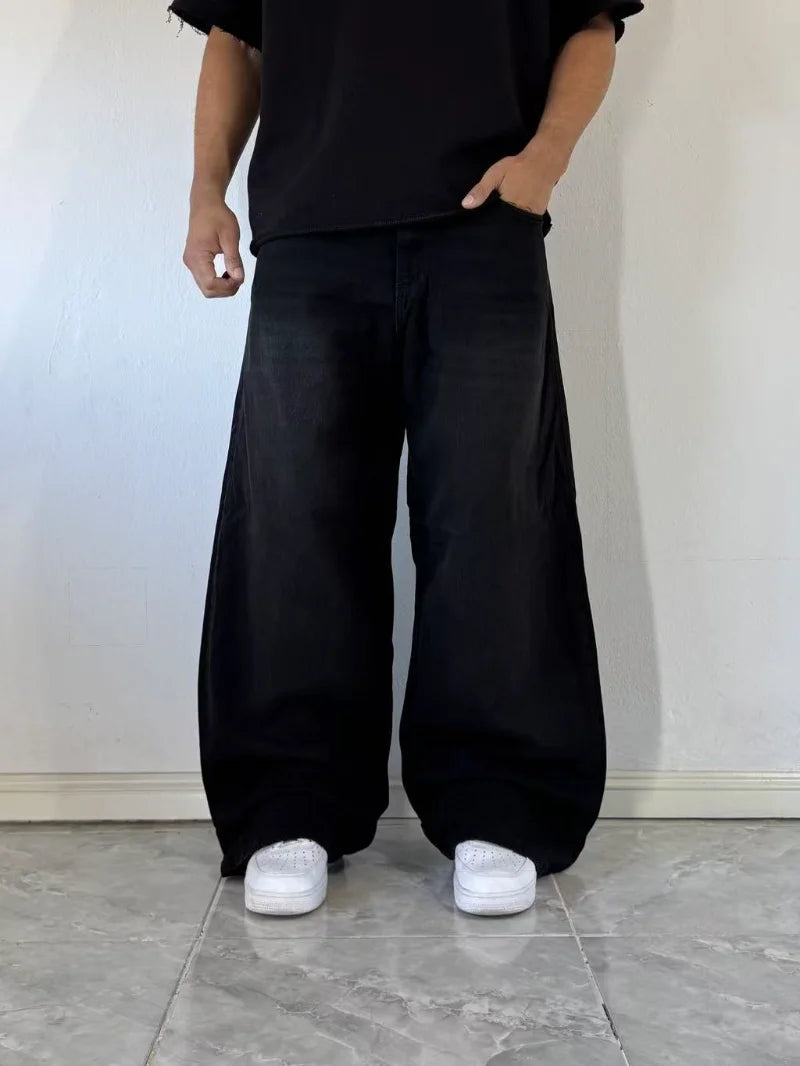 Retro Hip hop streetwear Men jeans Gothic Punk fashion Wide-leg jeans Trend skull pocket embroidered baggy high-waisted pants