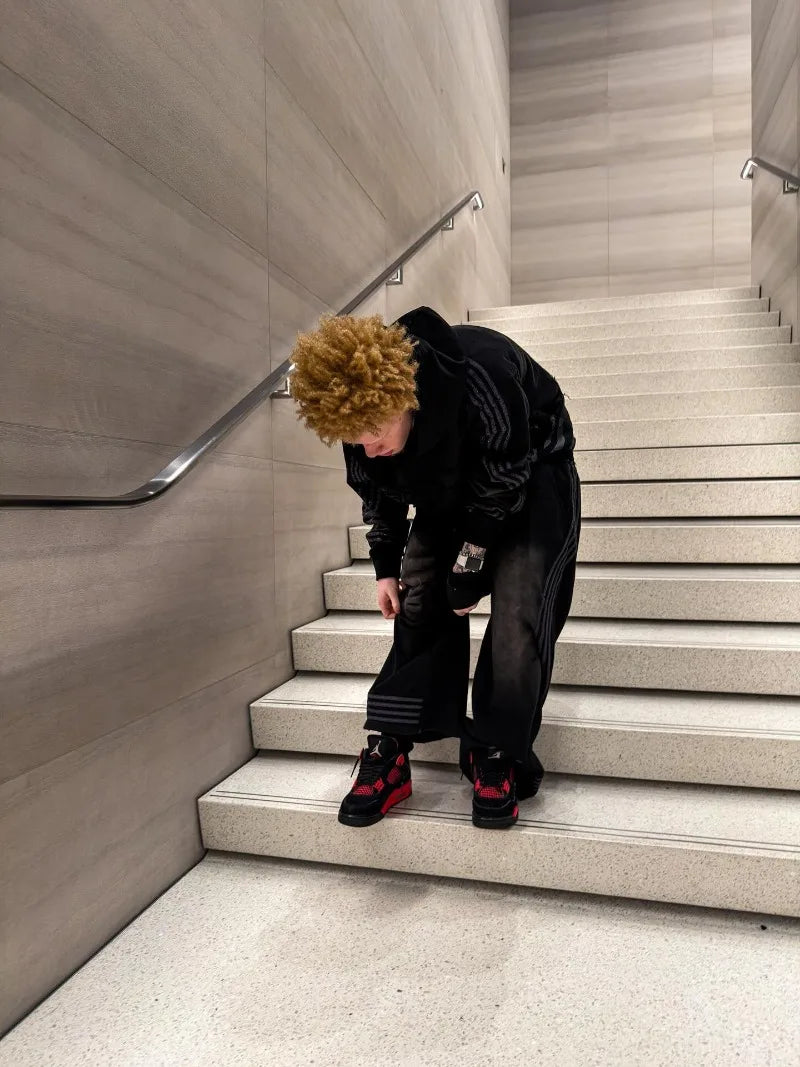 Washed Embroidered Striped Splicing Men Suit American Retro Double Waist Couple Wide Leg Pants Casual High Street Fashion Hoodie