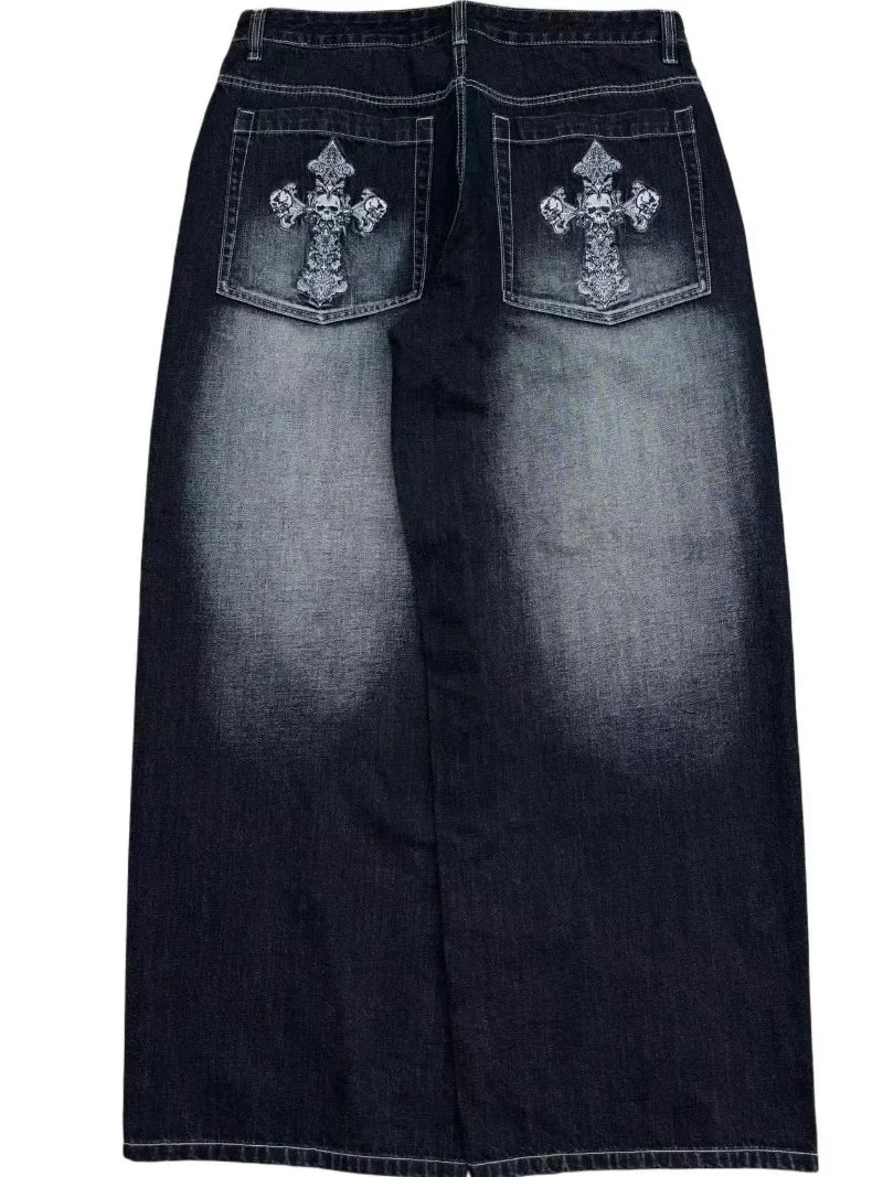 Retro Hip hop streetwear Men jeans Gothic Punk fashion Wide-leg jeans Trend skull pocket embroidered baggy high-waisted pants
