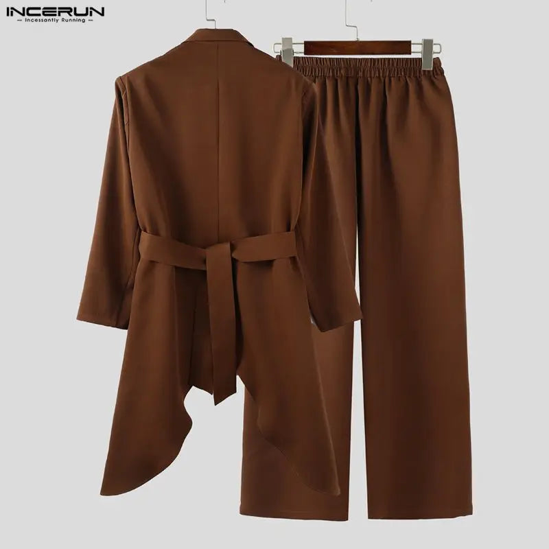 INCERUN Men Sets Solid Color Lace Up Long Sleeve Long Style Blazer & Pants Two Pieces Sets Streetwear Loose Casual Men's Suits