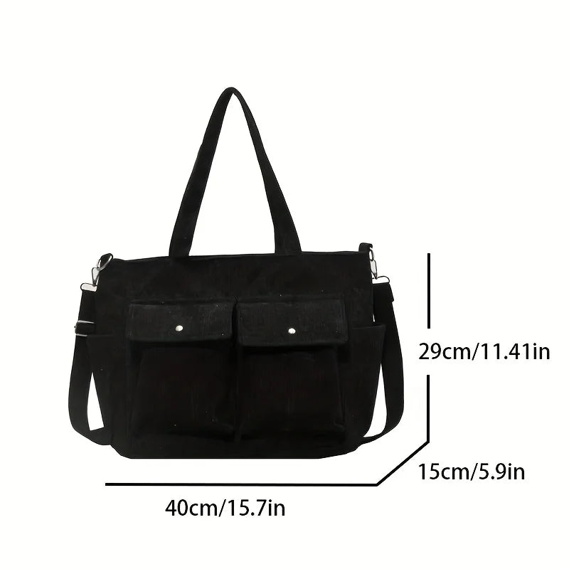 Large Capacity Corduroy Tote Bag for Women Versatile Shoulder Bag with Multiple Pockets Commuter Bag