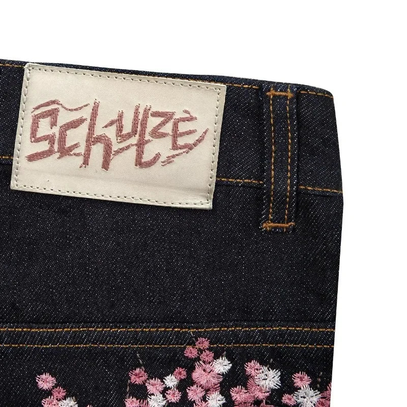 Y2K Goth vintage jeans plum blossom embroidery Harajuku pattern denim fabric wide leg pants American style men women street wear