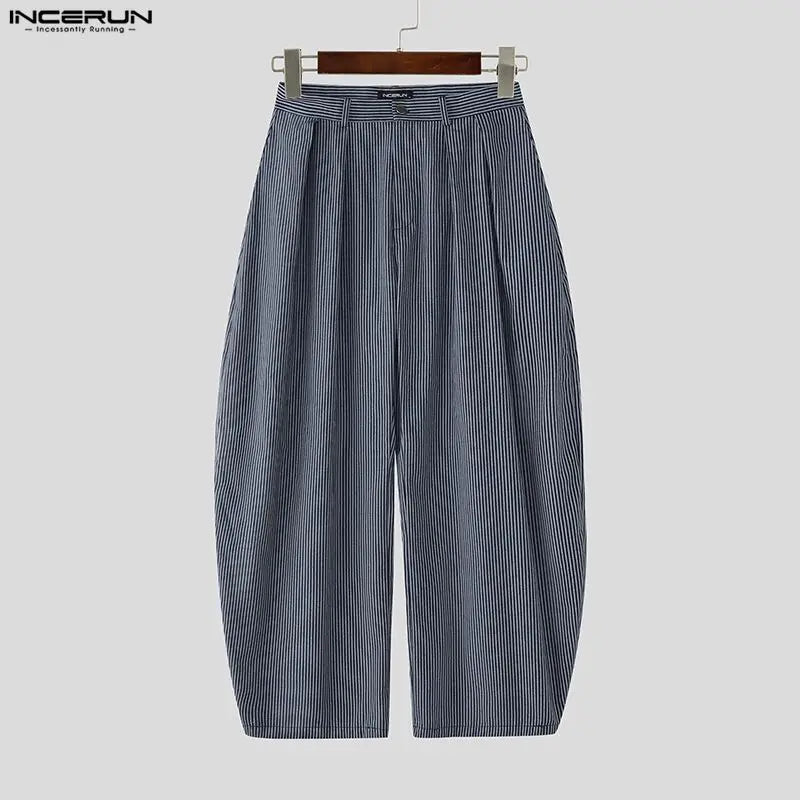 INCERUN Men Striped Pants Joggers Button Oversize Pleated Casual Wide Leg Trousers Men Streetwear Fashion Leisure Male Pants