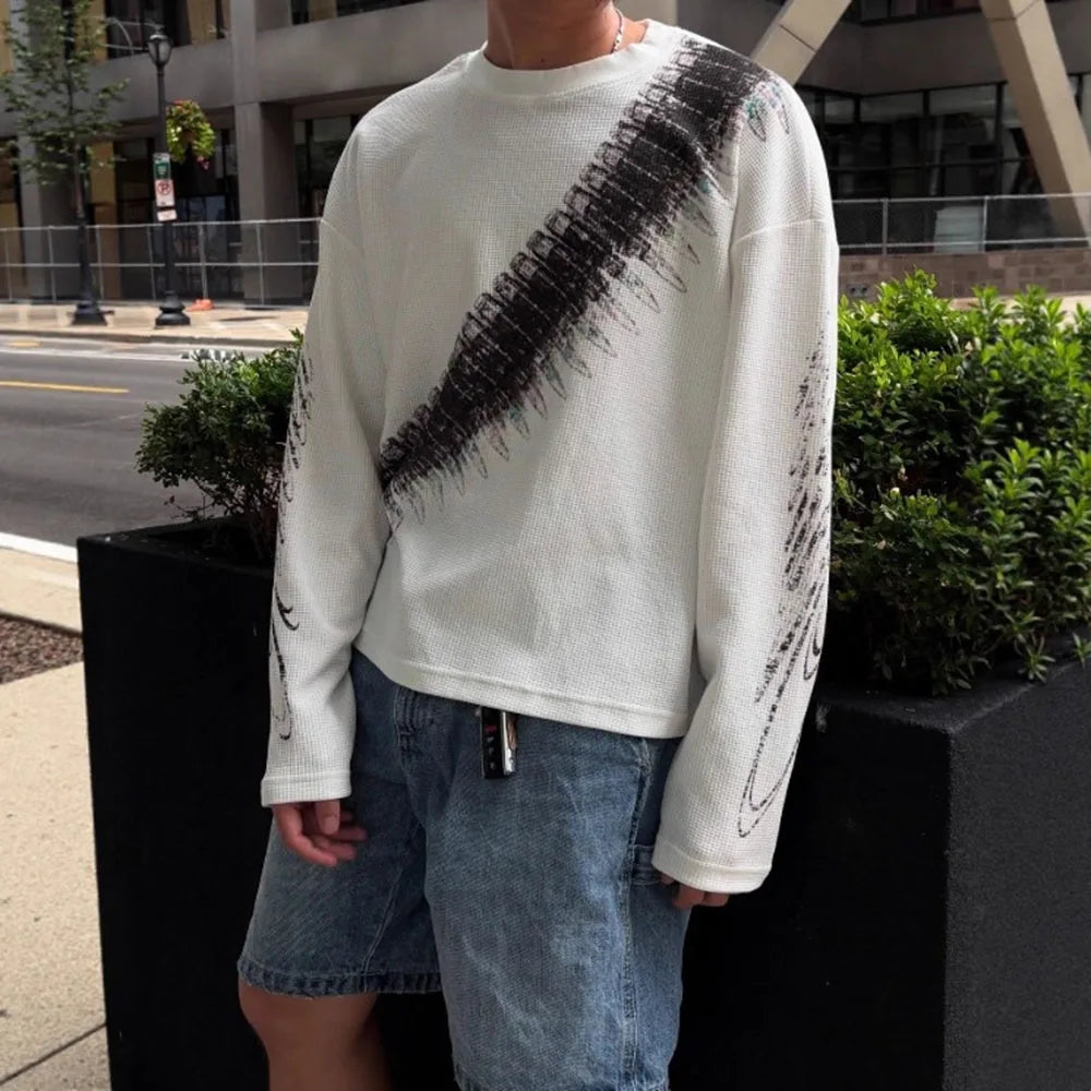 Street loose print pullover waffle long sleeved T-shirt men's American casual round neck top
