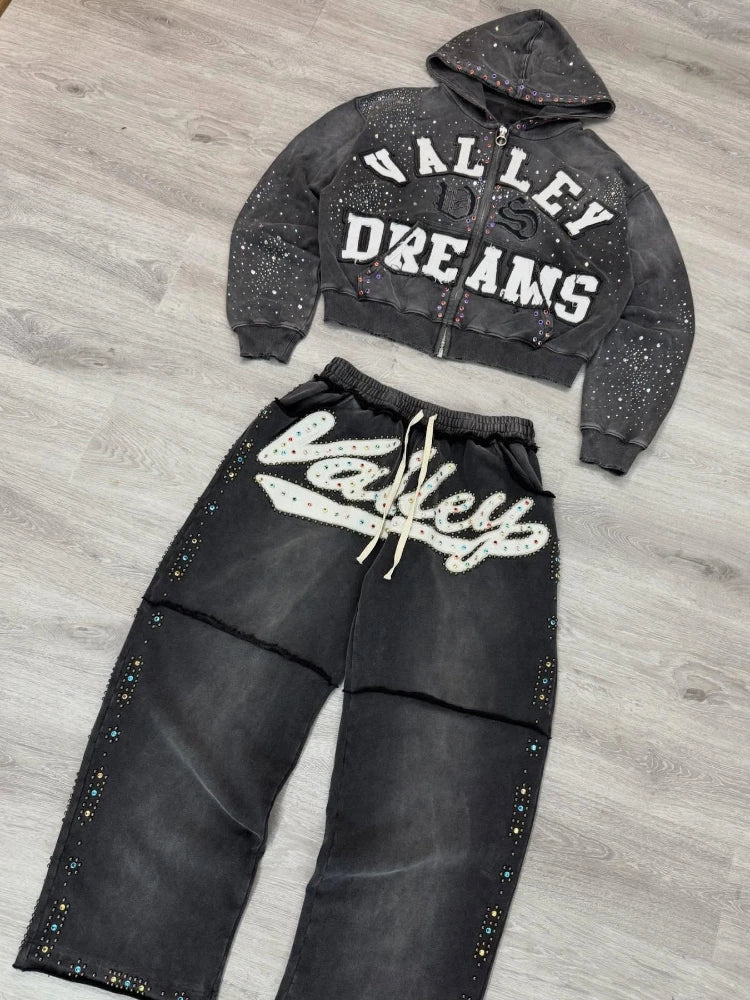 Hot Stamping Retro Dark Design Sense, Embroidered Fabric Hoodie, Trendy Loose Casual Pants, Unisex Hoodie Set