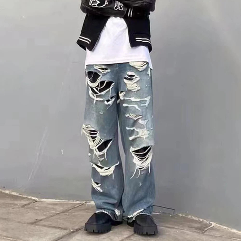 Distressed Washed Blue Baggy Wide Leg Jeans for Men and Women Frayed Casual Denim Trousers Oversized Loose Cargo Pants