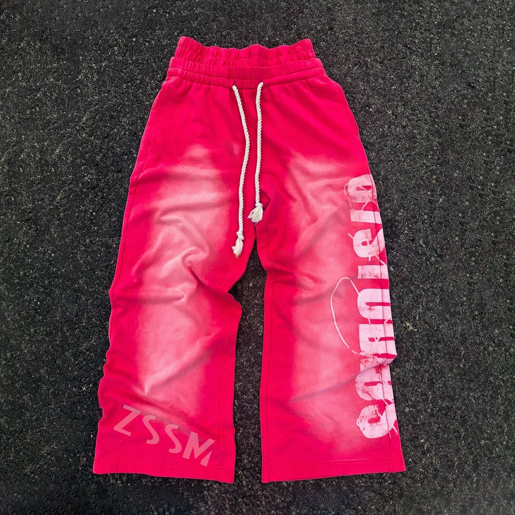 Summer Hot Distressed Vertical Letter Print Wide Leg Pants Unisex Thick Drawstring Y2K Vintage Hip Hop Streetwear Trousers