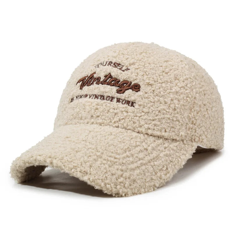 Warmth Embroidered Letter Lamb Fur Baseball Cap Women's Versatile Small Face Duckbill Cap Autumn Winter New Style Fashionable...