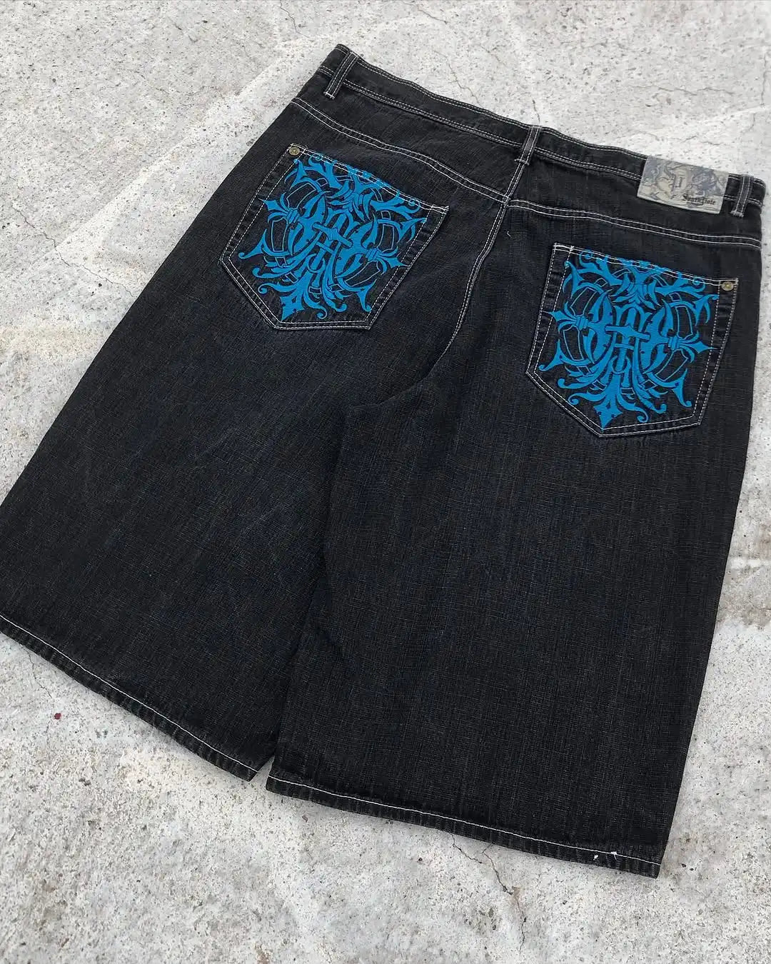 Street Hip-hop Personalized Pattern Fashionable Versatile Jeans Men American Harajuku Retro Casual Loose Straight Shorts Women