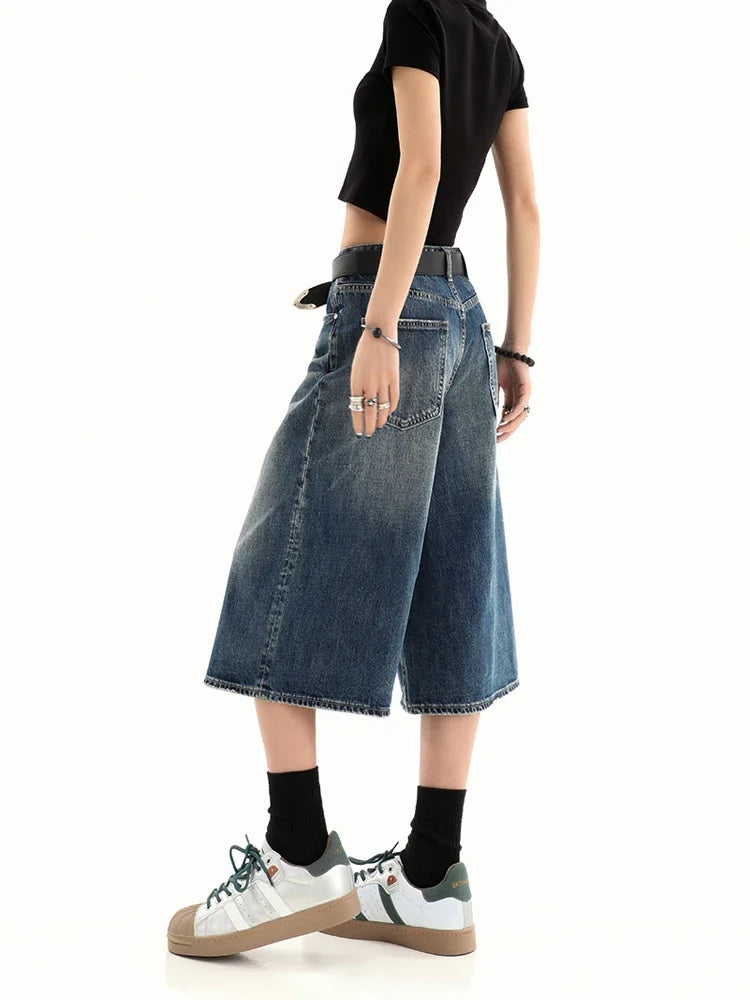 Retro Blue Knee Length Denim Shorts for Women Casual Bermuda Jeans Loose Wide Leg Pants Trendy Streetwear Summer Y2k 2025