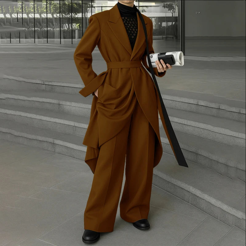 INCERUN Men Sets Solid Color Lace Up Long Sleeve Long Style Blazer & Pants Two Pieces Sets Streetwear Loose Casual Men's Suits