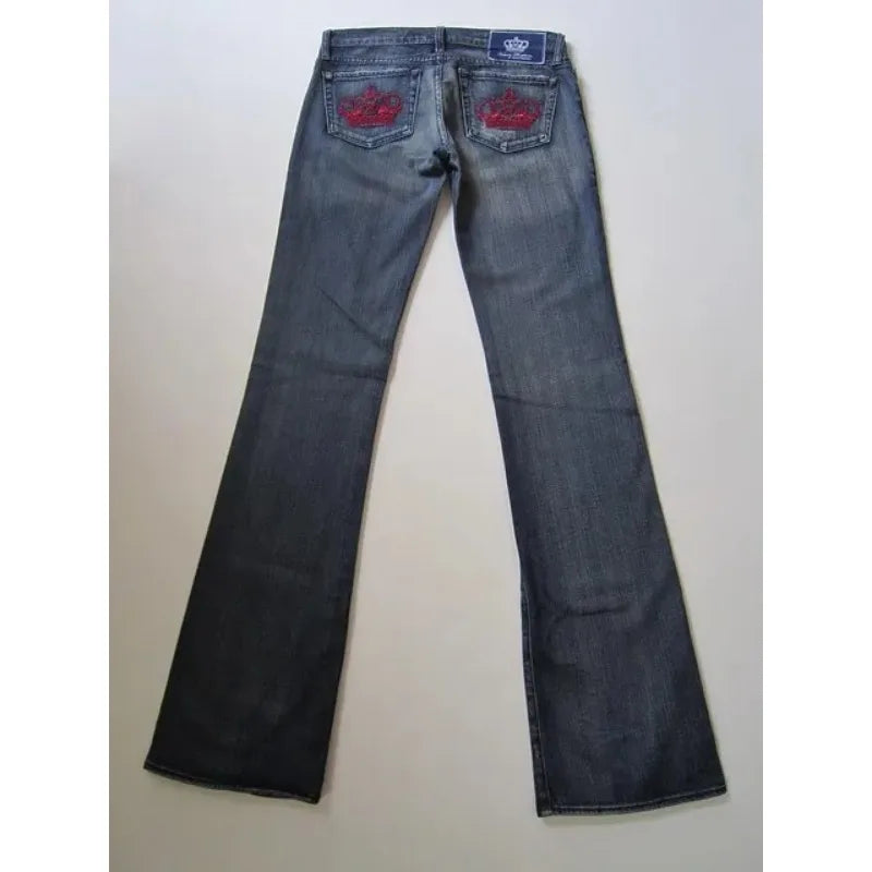 Harajuku Y2K crown graphic pocket embroidery high quality oversized jeans for women high street slim sexy casual straight pants