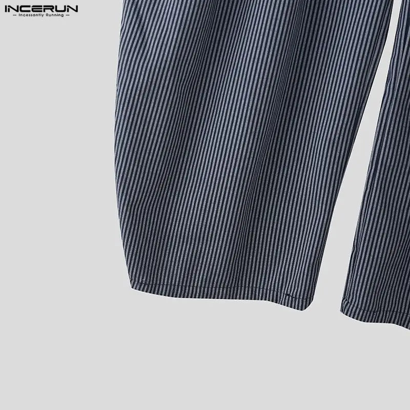 INCERUN Men Striped Pants Joggers Button Oversize Pleated Casual Wide Leg Trousers Men Streetwear Fashion Leisure Male Pants