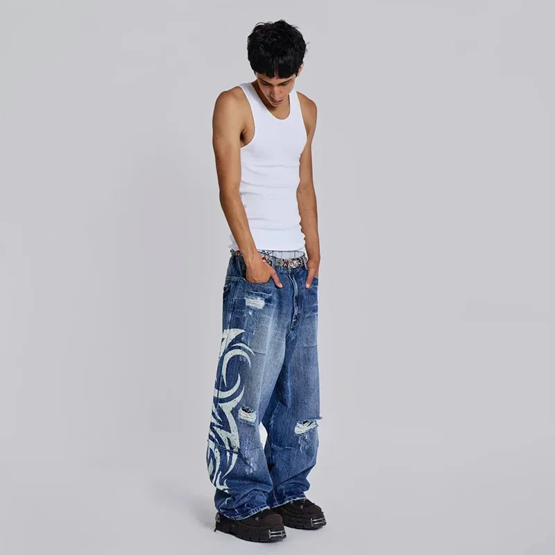 Y2K Baggy jeans Retro Harajuku distressed wash ripped wide leg cropped pants high street rock hip hop printed pattern zip jeans
